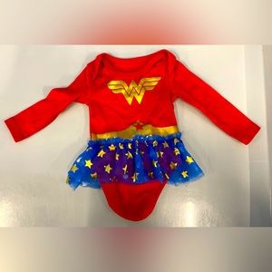 Wonder Woman onesie for infants 0-3 months Red gold and blue ruffles snap bottom